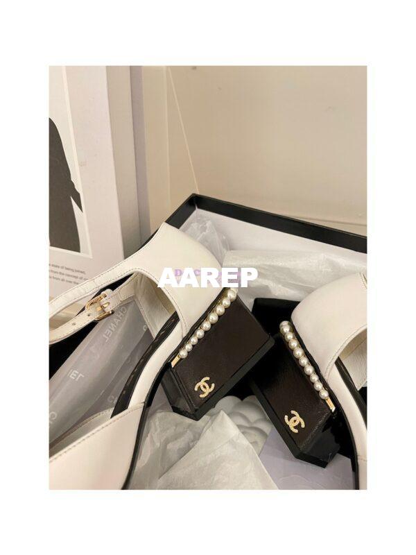 Replica Chanel Mary Janes Shiny Goatskin with Pearls G39250 White Black 7