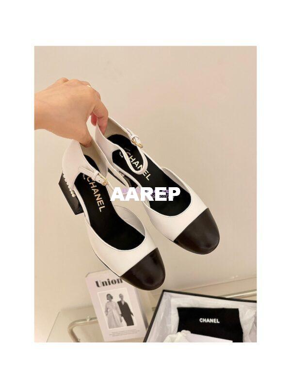 Replica Chanel Mary Janes Shiny Goatskin with Pearls G39250 White Black 9