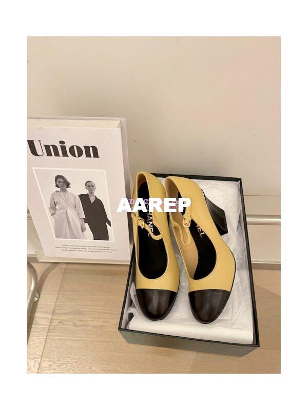 Replica Chanel Open Shoes Shiny Goatskin with Pearls G39245 Beige & Black 2