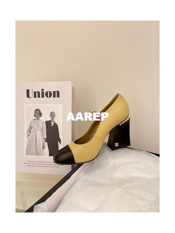 Replica Chanel Open Shoes Shiny Goatskin with Pearls G39245 Beige & Black 6