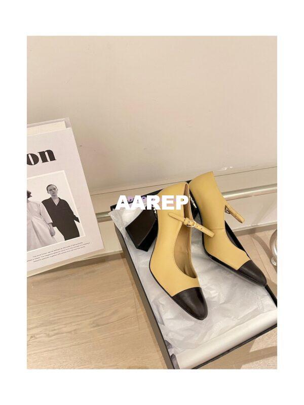Replica Chanel Open Shoes Shiny Goatskin with Pearls G39245 Beige & Black 7