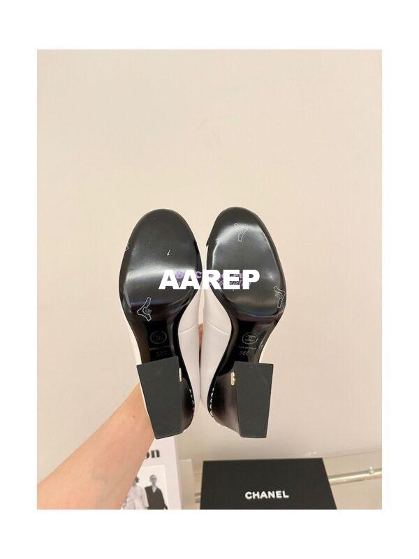 Replica Chanel Open Shoes Shiny Goatskin with Pearls G39245 White & Black 10