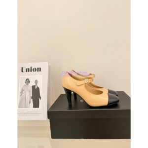 Replica Chanel Open Shoes Shiny Goatskin G39110 Beige & Dark Gray 2