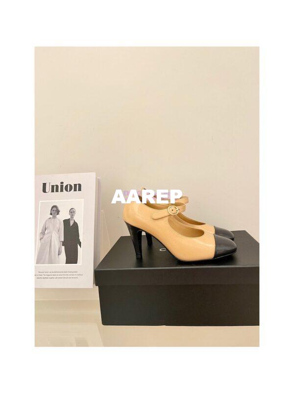 Replica Chanel Open Shoes Shiny Goatskin G39110 Beige & Dark Gray 2
