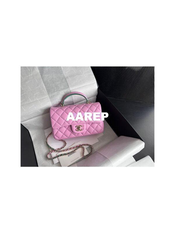 Replica Chanel Lambskin Mini Flap Bag With Top Handle AS2431 Pink Green 3