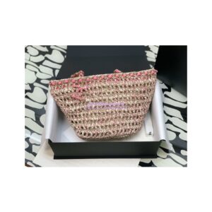 Replica Chanel Small Shopping Bag in Crochet & Mixed Fibers & Calfskin AS3689 Beige Pink