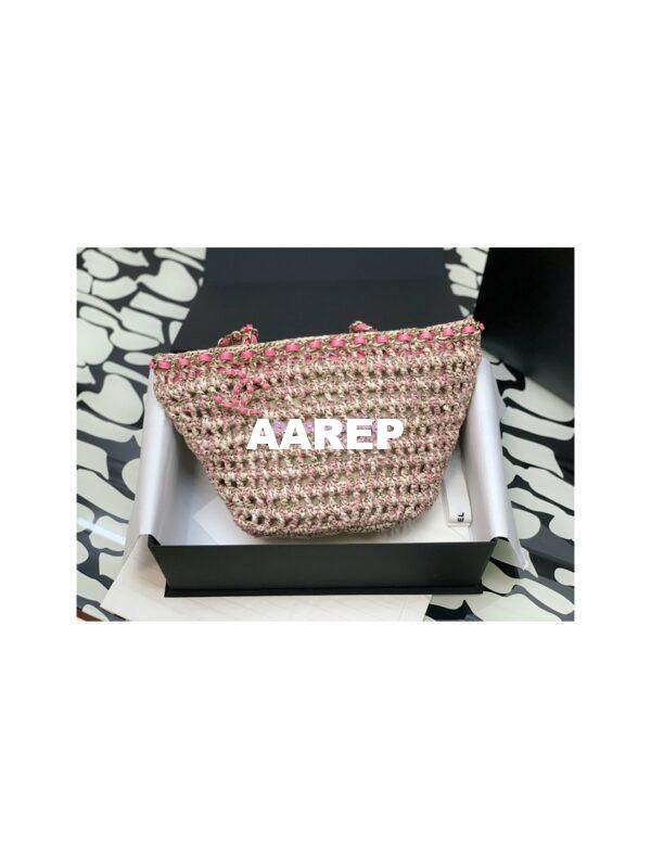 Replica Chanel Small Shopping Bag in Crochet & Mixed Fibers & Calfskin AS3689 Beige Pink