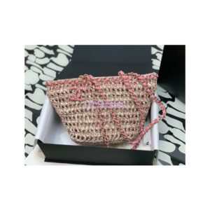 Replica Chanel Small Shopping Bag in Crochet & Mixed Fibers & Calfskin AS3689 Beige Pink 2