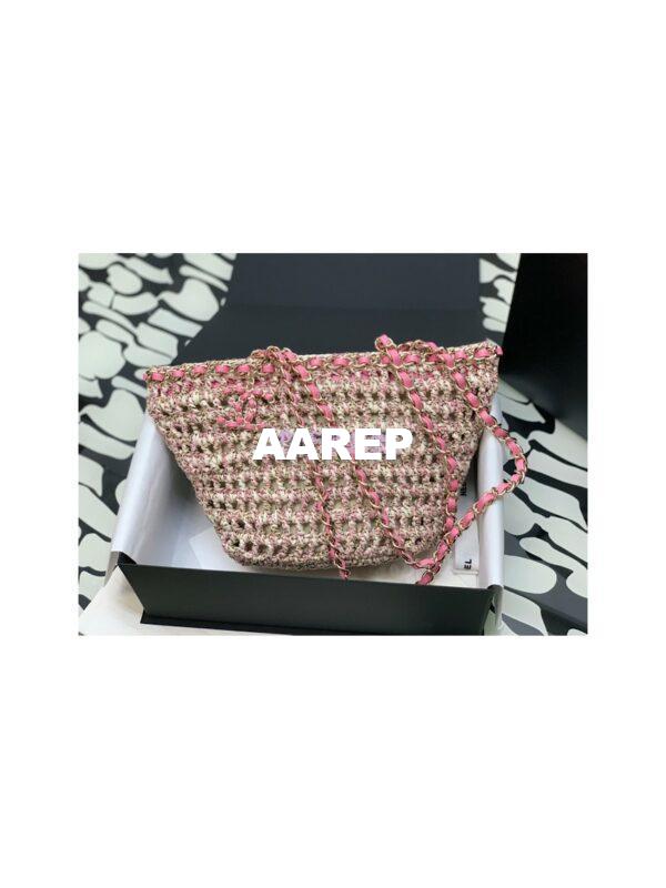 Replica Chanel Small Shopping Bag in Crochet & Mixed Fibers & Calfskin AS3689 Beige Pink 2