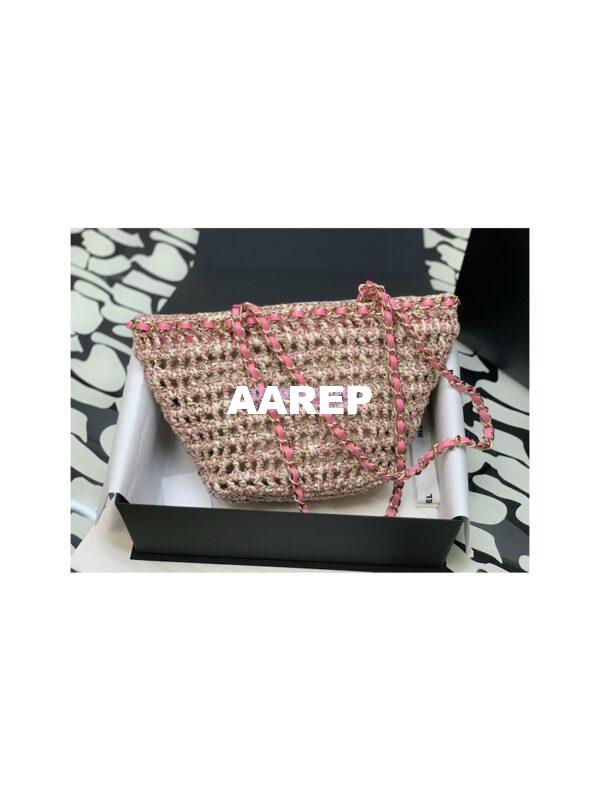 Replica Chanel Small Shopping Bag in Crochet & Mixed Fibers & Calfskin AS3689 Beige Pink 8