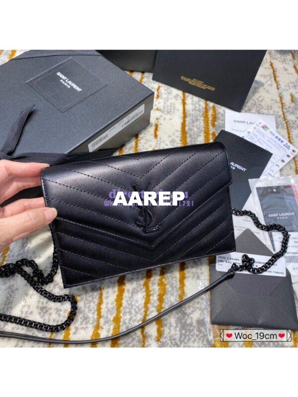 Replica YSL Saint Laurent Envelope Chain Wallet Grain De Poudre 393953 Black in black Hardware 5