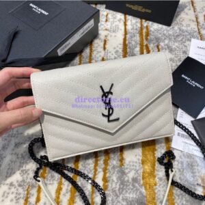 Replica YSL Saint Laurent Envelope Chain Wallet Grain De Poudre 393953 White in black Hardware