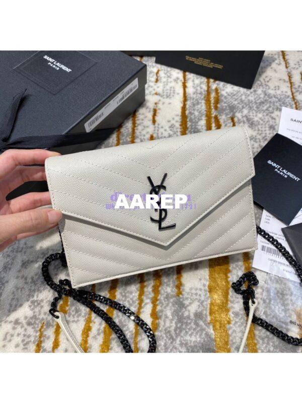 Replica YSL Saint Laurent Envelope Chain Wallet Grain De Poudre 393953 White in black Hardware