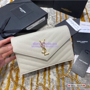 Replica YSL Saint Laurent Envelope Chain Wallet Grain De Poudre 393953 White in Gold Hardware