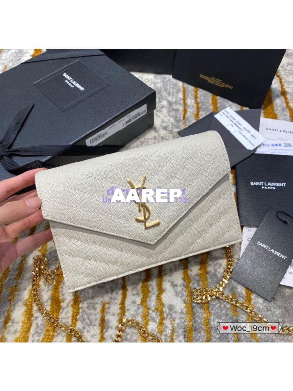 Replica YSL Saint Laurent Envelope Chain Wallet Grain De Poudre 393953 White in Gold Hardware 3