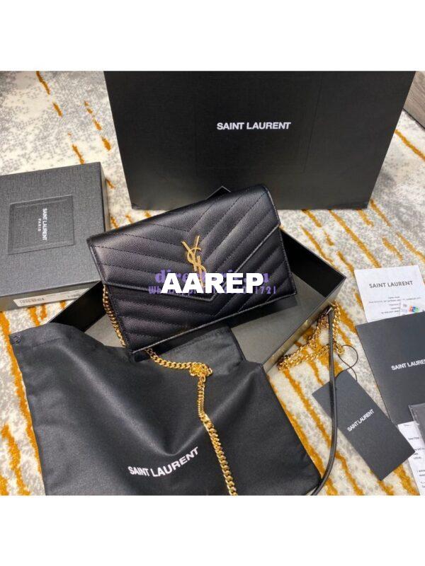 Replica YSL Saint Laurent Envelope Chain Wallet Grain De Poudre 393953 Black in Gold Hardware