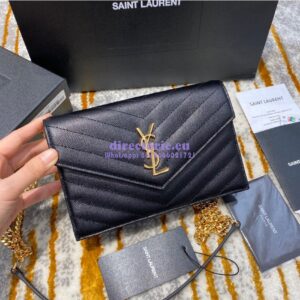 Replica YSL Saint Laurent Envelope Chain Wallet Grain De Poudre 393953 Black in Gold Hardware 2