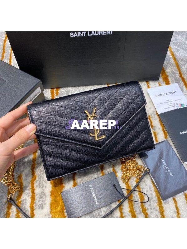 Replica YSL Saint Laurent Envelope Chain Wallet Grain De Poudre 393953 Black in Gold Hardware 2