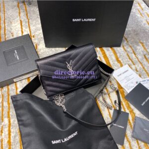 Replica YSL Saint Laurent Envelope Chain Wallet Grain De Poudre 393953 Black in Silver Hardware