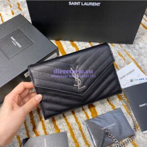Replica YSL Saint Laurent Envelope Chain Wallet Grain De Poudre 393953 Black in Silver Hardware 2