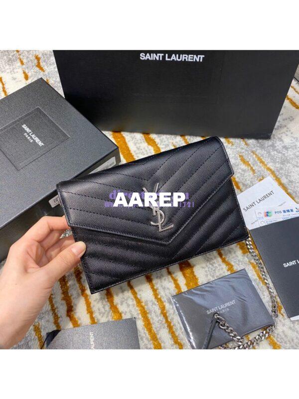 Replica YSL Saint Laurent Envelope Chain Wallet Grain De Poudre 393953 Black in Silver Hardware 4