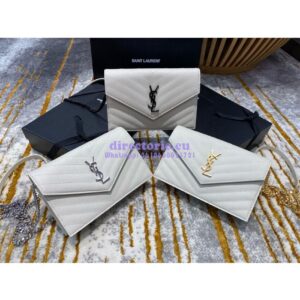 Replica YSL Saint Laurent Envelope Chain Wallet Grain De Poudre 393953 White in Silver Hardware
