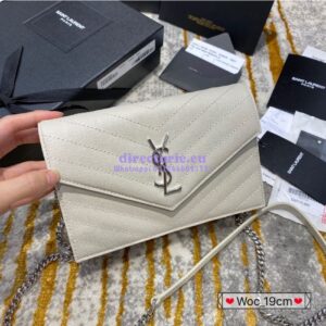 Replica YSL Saint Laurent Envelope Chain Wallet Grain De Poudre 393953 White in Silver Hardware 2