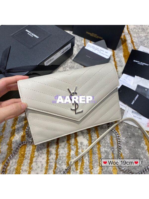 Replica YSL Saint Laurent Envelope Chain Wallet Grain De Poudre 393953 White in Silver Hardware 4