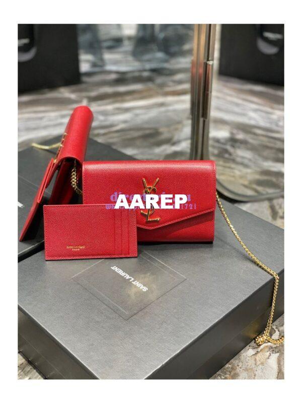 Replica YSL Saint Laurent Uptown Chain Wallet In Grain De Poudre Embossed Leather 6077881 Red