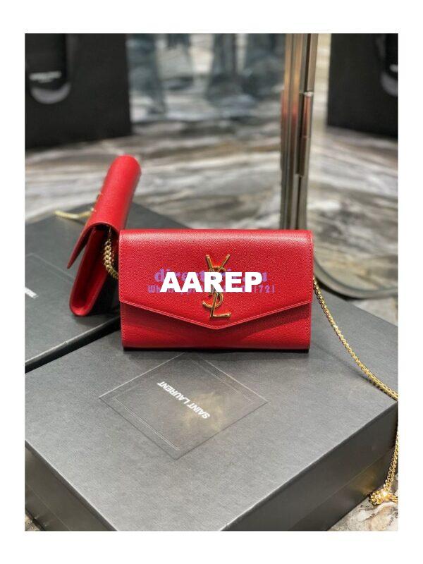 Replica YSL Saint Laurent Uptown Chain Wallet In Grain De Poudre Embossed Leather 6077881 Red 2