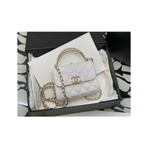 Replica Chanel White Grained Calfskin Leather Chain Strap CC Logo Handle Flap Bag AP3237