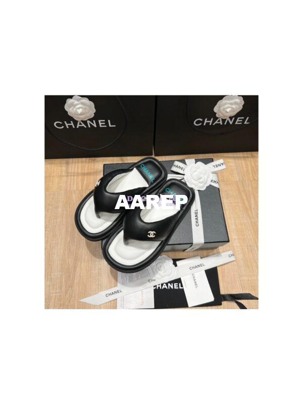 Replica Chanel 22P Lambskin Padded Pool Thong Logo Mule Flats G38888 26