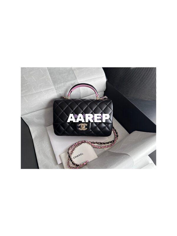 Replica Chanel Lambskin Mini Flap Bag With Top Handle AS2431 Black Pink 3