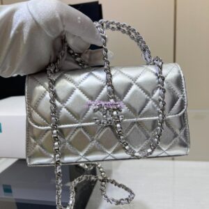 Replica Chanel Leather Chain Strap CC Logo Handle Metallic Silver Flap Bag AP3238