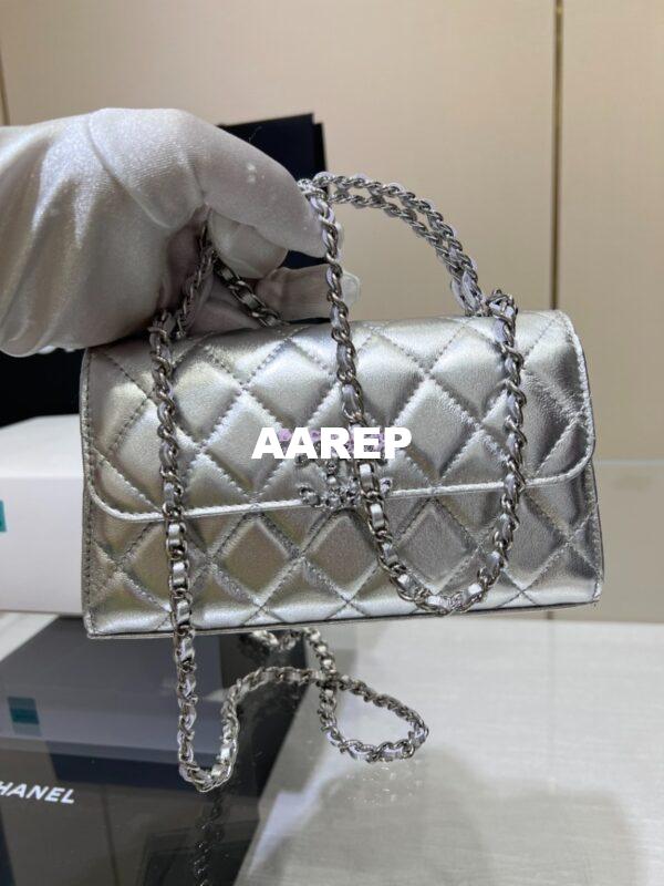 Replica Chanel Leather Chain Strap CC Logo Handle Metallic Silver Flap Bag AP3238