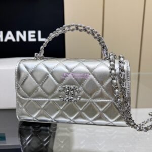 Replica Chanel Leather Chain Strap CC Logo Handle Metallic Silver Flap Bag AP3238 2