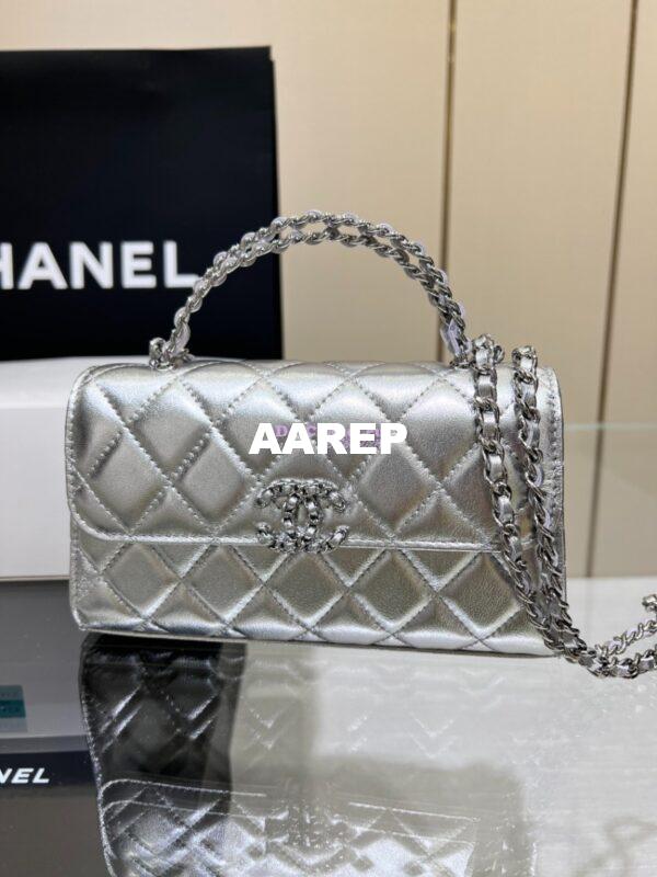 Replica Chanel Leather Chain Strap CC Logo Handle Metallic Silver Flap Bag AP3238 2