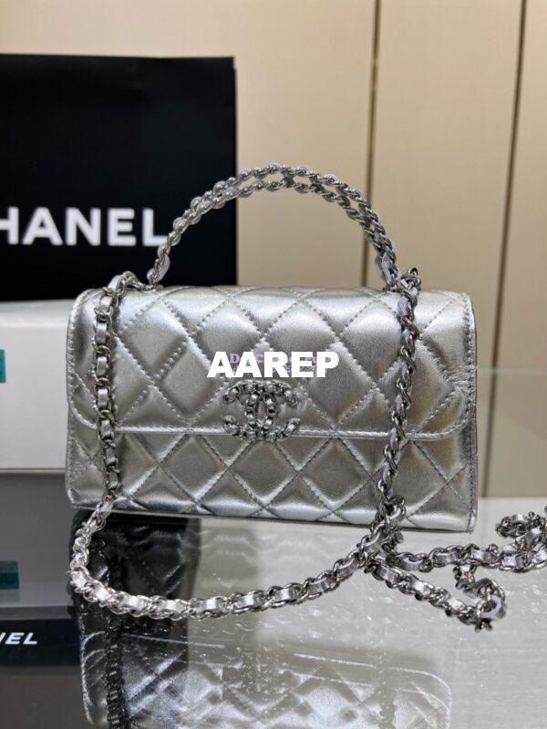 Replica Chanel Leather Chain Strap CC Logo Handle Metallic Silver Flap Bag AP3238 3
