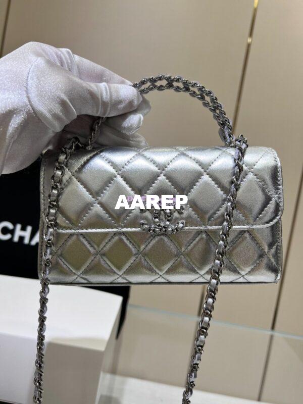 Replica Chanel Leather Chain Strap CC Logo Handle Metallic Silver Flap Bag AP3238 4