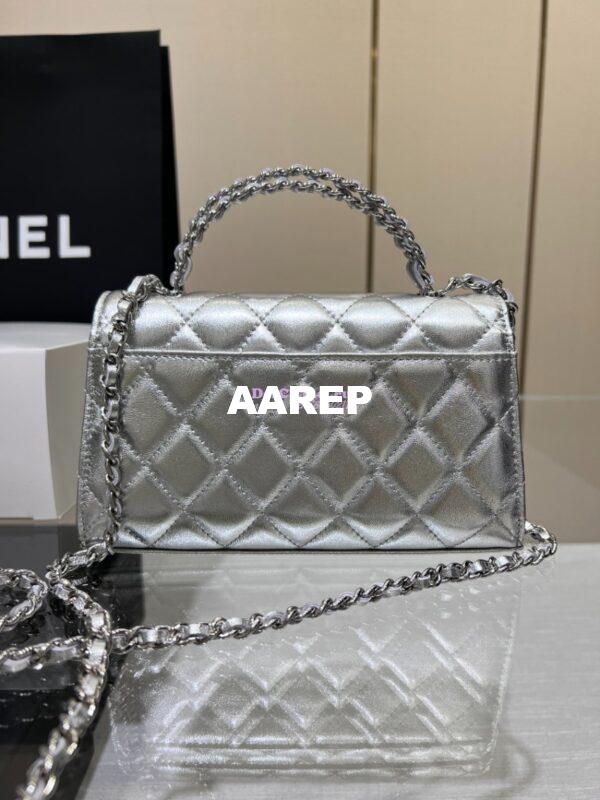 Replica Chanel Leather Chain Strap CC Logo Handle Metallic Silver Flap Bag AP3238 9