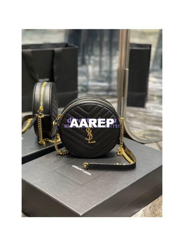 Replica YSL Yves Saint Laurent Vinyle Round Camera Bag In Chevron-quilted Grain De Poudre Embossed Leather 6104361 Black