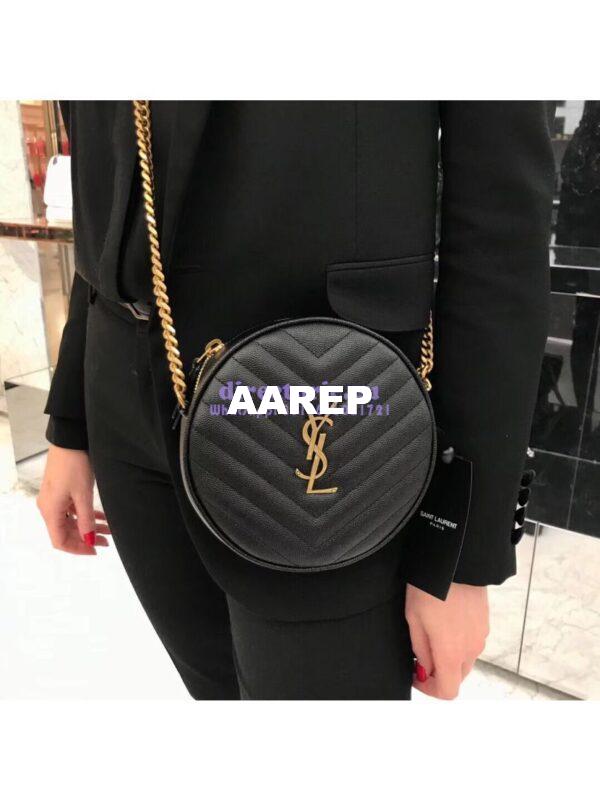 Replica YSL Yves Saint Laurent Vinyle Round Camera Bag In Chevron-quilted Grain De Poudre Embossed Leather 6104361 Black 9