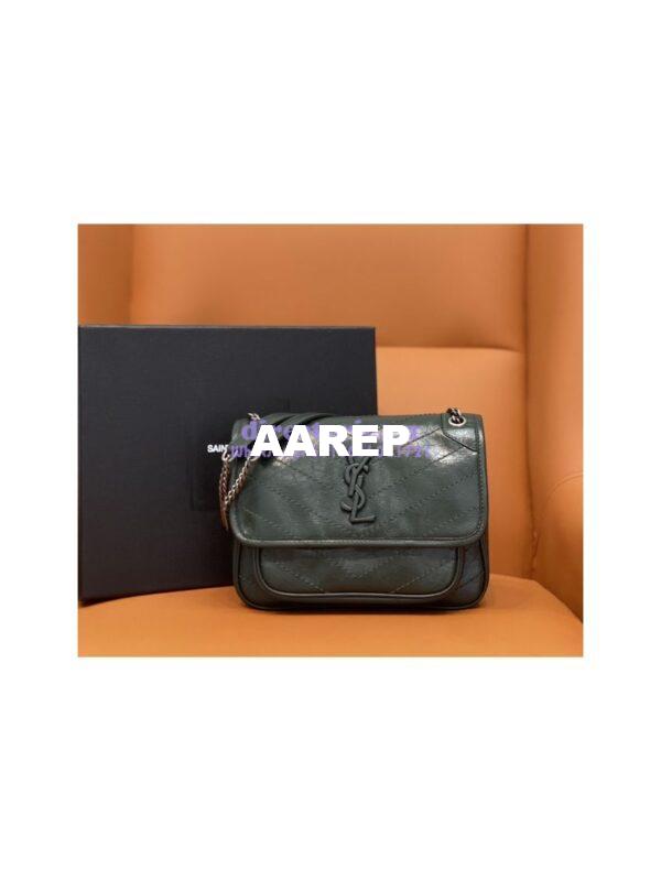 Replica YSL Saint Laurent Niki Baby In Crinkled Vintage Leather 533037 Dark Green 3