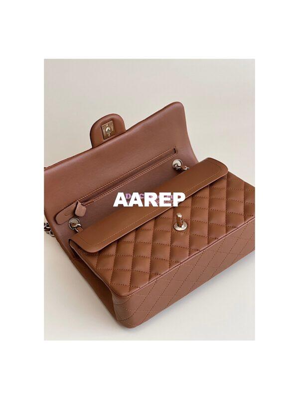 Replica Chanel Medium Classic Double Flap CF Bag Quilted Lambskin Light Gold Hardware Caramel 7