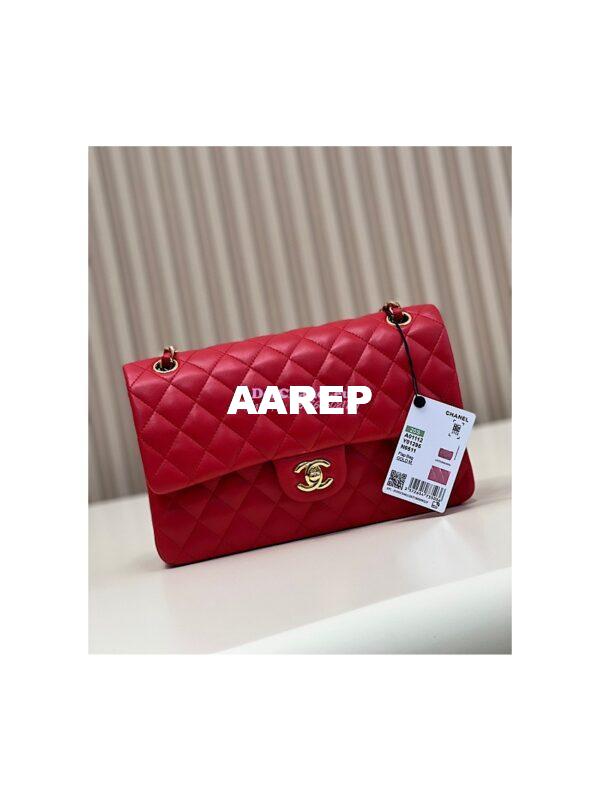 Replica Chanel Medium Classic Double Flap CF Bag Quilted Lambskin Light Gold Hardware Red 3