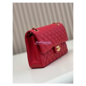 Replica Chanel Medium Classic Double Flap CF Bag Quilted Lambskin Light Gold Hardware Red 2