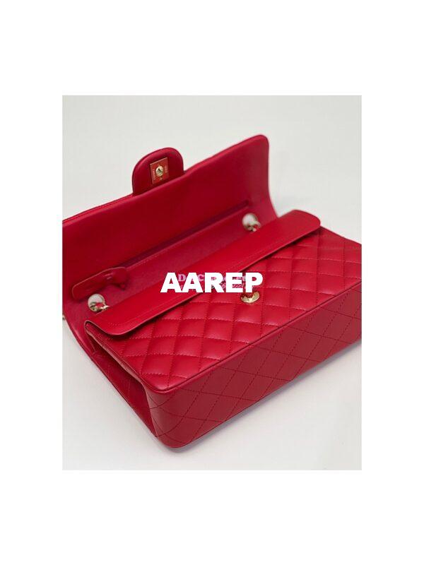 Replica Chanel Medium Classic Double Flap CF Bag Quilted Lambskin Light Gold Hardware Red 11