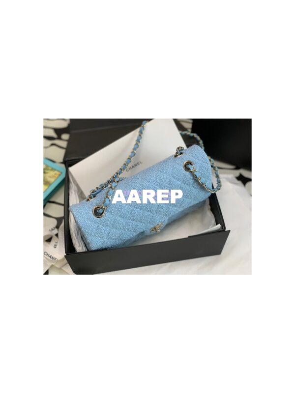 Replica Chanel Tweed Medium Classic Double Flap CF Bag Light Blue A69901 4