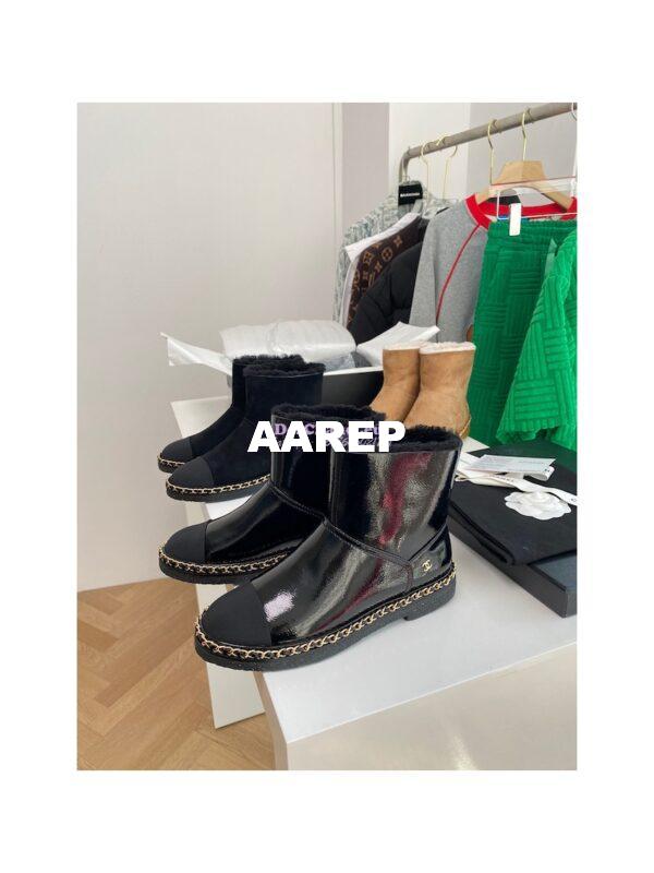 Replica Chanel Black Patent Leather Chain Link Ankle Boots with Shearling Fur G34113 6