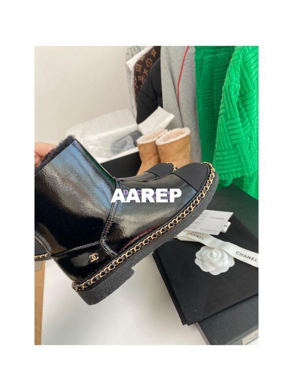 Replica Chanel Black Patent Leather Chain Link Ankle Boots with Shearling Fur G34113 7